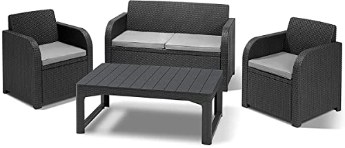 Keter Carolina Lounge Set, Mobili da Giardino con Divano 2 Posti, 2 Poltrone e Tavolino con Altezza Regolabile e Effetto Legno, Grafite