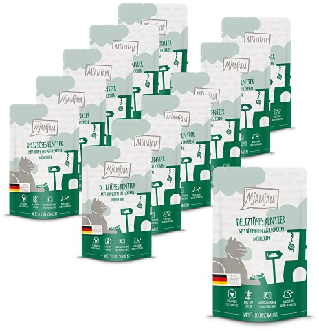 MjAMjAM - Premium Nassfutter für Katzen - Quetschie - deliziöses Rentier mit Hühnchen an leckeren Möhrchen, 12er Pack (12 x 125 g), getreidefrei mit extra viel Fleisch