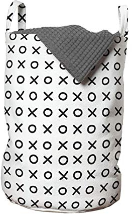 ABAKUHAUS XOXO Wäschesack, Modernes übersichtliches Design von XO, Wäschekorb mit Griffen Kordelzugverschluss für Waschsalons, 33 cm breit x 49 cm hoch, Charcoal Grau und Weiß