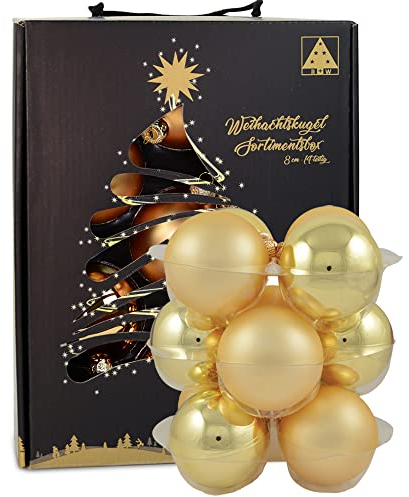 Riffelmacher Glas Weihnachtskugeln im Koffer 26270 | 14 Stück | Ø 8 cm - Gold