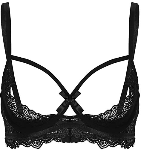 Hedmy Women's Sexy Lace Bra Nipple-Less Bralette Half Cups Underwired Shelf Bra Tops Lingerie Nightwear Black M