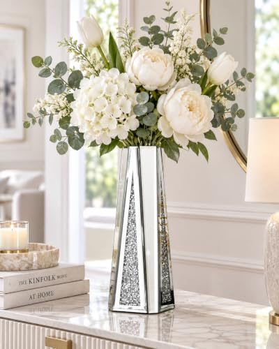 SHYFOY Verspiegelte Blumenvase, zerkleinerte Diamanten, hohe Vase für Dekoration, Kristall, Silber, Moderne dekorative Vasen, luxuriöse große Vase für Tischaufsätze, Wohnzimmer, 33 cm