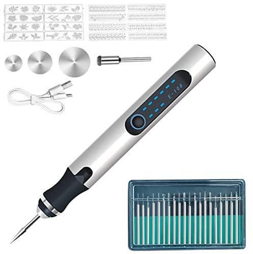 Engraving Pen, Electric Carve Tool Kit - USB Rechargeable, Mini DIY Cordless Micro Engraver - 20 Drill Bits, for Carving Arts, Glass, Wood, Metal, Stone, Jewelry (Silver)