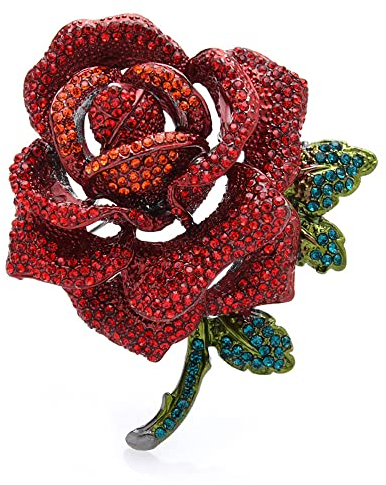Spilla a Forma Di Fiore Di Rosa Con Strass Per Donne e Uomini Rosso e Verde Cristallo Grande Foglia Spilla Spille Da Accessori Per Abiti Gioielli Corpetto Per Cappello Borsa Di Nozze Compleanno