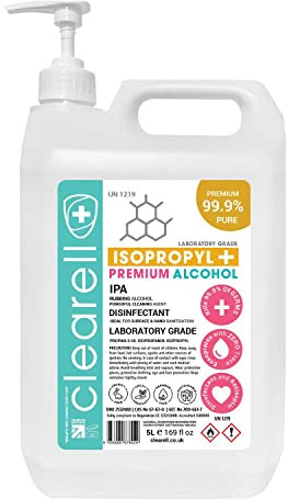 Clearell 5L | Pure IPA Isopropyl 99.9% Alcohol | Premium Isopropanol Propan-2-ol - Ideal for Electronics, Rubbing, Disinfecting, Diluting and Cleaning 5 Litres