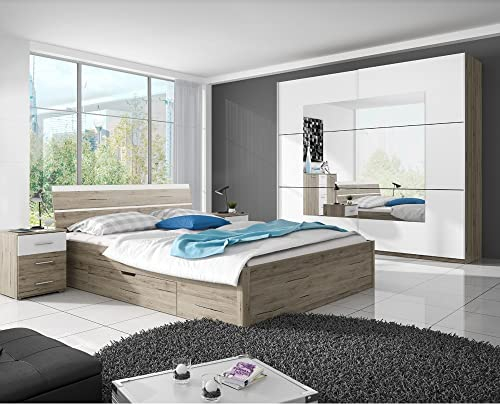 Lomadox Schlafzimmer Möbel-Set mit Schwebetürenschrank in Sanremo Eiche Nb. mit weiß Liegefläche 180x200 cm