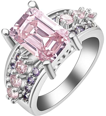 Musihy Eheringe Frau, Damenring mit Stein Silberringe Smaragdform mit Rosa Zirkonia Ring Größe 62