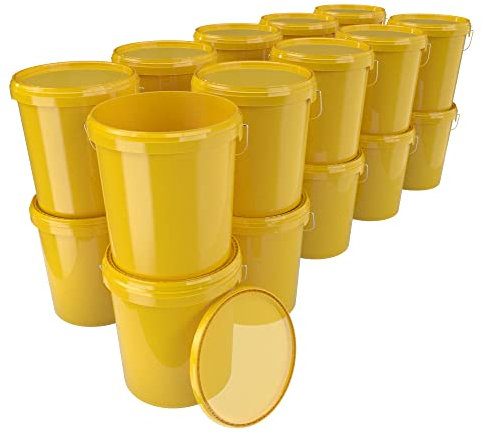 20x Eimer mit Deckel 16 Liter Gelb - lebensmittelecht luftdicht und stabil, Leer Eimer mit Griff und Verschluss Deckel für Lebensmittel Chemie Wand Farbe Waschpulver Klebstoffe geeignet