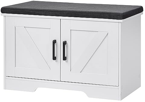 HOMSHO 2-Tier Storage Bench, 27.6 Wide Shoe Bench with Padded Seat Cushion, Entryway Bench with 2 Barn Doors and Adjustable Shelf, White