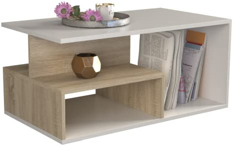 CDF Couchtisch Prima | Farbe: Eiche Sonoma - Weiß | Moderne Bank für EIN Wohnzimmer, Zimmer, Büro | Form: rechteckig | Regal für Kleinigkeiten, Zeitungen, Magazine oder Bücher