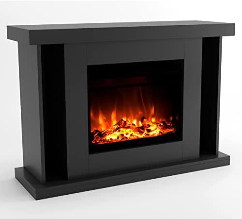 GLOW FIRE Stufa elettrica TARVOS - Caminetto elettrico con riscaldamento, fuoco da camino, fuoco LED in 3 colori, ventilatore, decorazione in legno, telecomando, 120x84x38 cm, Grigio