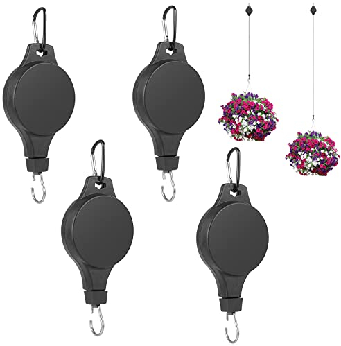 Funmo 4 Stück Pflanzenrollen Haken, Einziehbare Pflanzenrolle zum Aufhängen Ampelaufzug Blumenampel Halte mit Riemenscheibe Hochleistungs Blumenkorb-Haken-Aufhänger für Gartenkörbe (Schwarz)