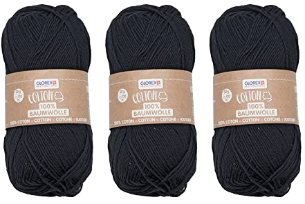 Glorex 5 1004 55-Set di 3 100% Cotone, ognuno da 50 g in Nero, Versatili, Morbidi e Lavabili, Colore Black