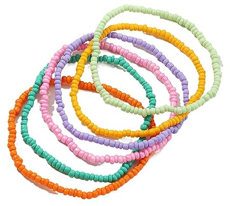 Decentraland Bracelet de cheville bohème fait à la main avec perles élastiques - Perles multicolores multicouches - Bijoux de pied pour femmes et filles, 20 centimeters, Verre
