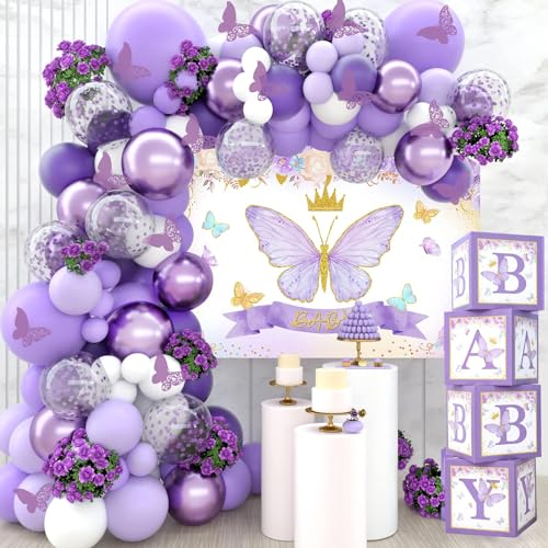 121pcs Baby Shower de Mariposa Morada, Cajas de Bebé de Mariposa Morada con Globos Blancos Lavanda y Telón de Fondo, Globo de Fiesta de Mariposa para Baby Shower, Fiesta Decoración de Cumpleaños Niñas