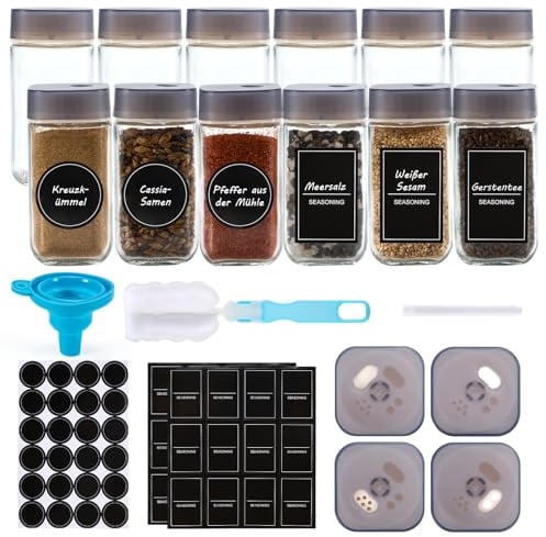 Pots à épices Carrés 12 Pièces Ensemble de Verre, bocaux à épices, Réglable à 360° Shaker à épices Couvercle, D'étanchéité Organisateur D'épices à Joint Solide, Comprenant Entonnoir, 110ml