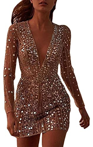 Pailletten Kleider Damen Kurz Glitzerkleid Langarm V-Ausschnitt Glänzende Kleider Sexy Partykleid Bodycon Enges Party Minikleid Wickelkleid Sommer Festkleid