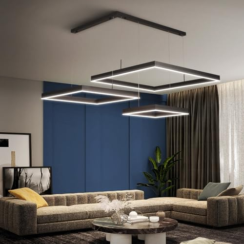 JOJOM LED Hängelleuchte Dimmbar Hängeleuchte Hoehenverstellbar Hängelampe Esszimmerlampe Moderne Aluminium Acryl Kronleuchte Mit Fernbedienung Café Bar Küche Büro Deckenleuchte (Color : Schwarz, Grö