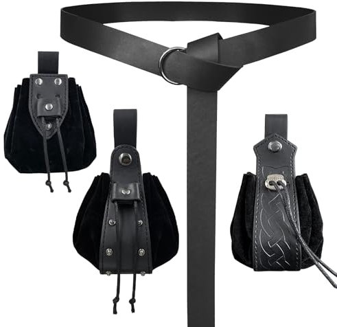 EpicCos 4 PCs mittelalterlichen O Ring Gürtel und Kordelzug Tasche Set, Retro Kunstleder Gürtel Tasche Würfel Tasche für LARP(Schwarz A)