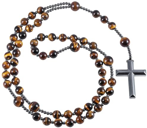 Nupuyai Hämatit Kreuz Anhänger Rosenkranz Kette Gebetskette für Herren | Edelstein Rosenkranz Perlen Kette, Katholisches Kreuz Halskette, Meditation Heilstein & Amulett Schmuck für Damen Herren
