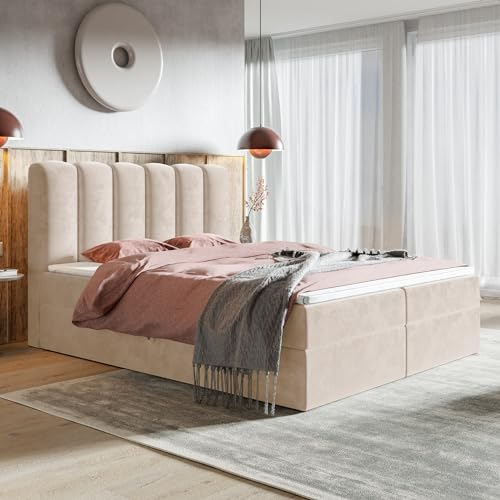 MOTIVENA Como Bubble Boxspringbett 180x200 mit Bettkasten, Bubble Polsterbett 180x200 mit Bettkasten, Bonellfederkern-Matratze (H4), T28 Komfortschaumstoff Topper (H3), Samt, Beige (Creme)