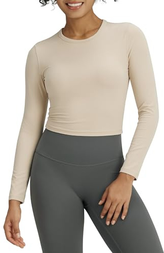 G4Free BareFeel Long Sleeve Tops Women Activewear Shirts Sports Slim Fit Crop Tops Athletic Gym Yoga Shirt Cropped Basic Tight Shirts(Khaki,L)