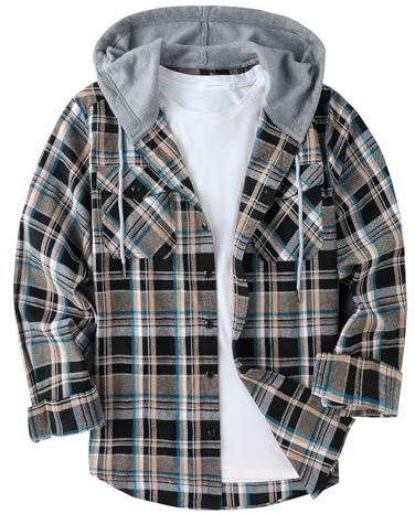 GEEK LIGHTING Men's Plaid Shirt Checked Shirts Mens Flannel Shirt Button Down Long Sleeve with Drawstring Casual Double Chest Pockets Classic Shirt Jacket XL