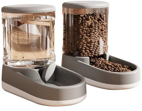 Syfunlv Automatischer Futterspender+Pet Automatic Water Dispenser Set, 2.1kg Futterautomat Katze und 3.8L Wasserspender Hund,No Electricity,100% BPA-frei, Schwerkraft-Katzenfutterspender