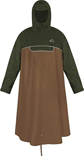 normani Unisex Regenponcho EXTRA Lang mit Ärmeln und Brusttasche für Damen und Herren - Brusttasche und 3M™ Scotchlite™ Reflektor - 100% Winddicht - 100% Wasserdicht Farbe Oliv/Braun Größe S/M