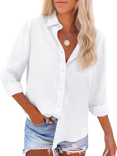 Womens Button Down Shirts Cotton Dress Shirts Oxford Shirts Long Sleeve Work Blouses Collared Tops Tunics with Pocket-All White S