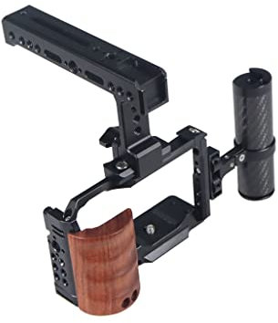 CS PRIORITY Camera Cage with Wooden Handle Top/Side Grip Quick Release Plate Cage Rig Kit for cameras photography accessaries (with Dual Handles)