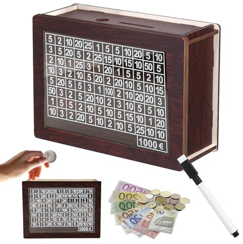 JWDMHSJ Spardose aus Holz, spardose mit zähler, sparbox mit Zahlen ankreuzen, sparschwein aus Holz mit zähler, Wiederverwendbare Spardose, für Erwachsene und Kinder mit Sparziel (1000€)