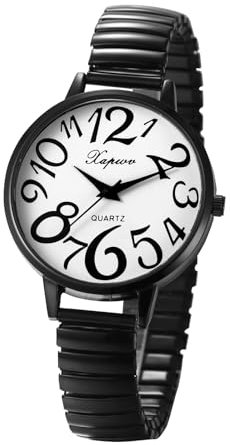 JewelryWe Damenuhr Elastische Uhr mit Zugarmband: Damen Analog Quarz Armbanduhr Schwarz Edelstahl Stretch Armband Einfache Uhr mit großem weißen Zifferblatt und großen Zahlen für Senioren