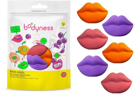 BODYNESS Bade-Kisses - 6 lippenförmige Badebomben, Badekugeln für Hautpflege und Entspannung mit Kakaobutter und Aroma, 6x 40g