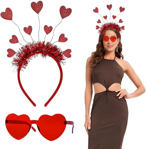 2 Stück Liebe Herz Haarreifen Partybrille Set, Herzherzige Haarreifen, Herz Randlose Sonnenbrille, Herzchen Haarreif Rot Pailletten, für Weihnachten Karneval Valentinstag Hochzeit Party