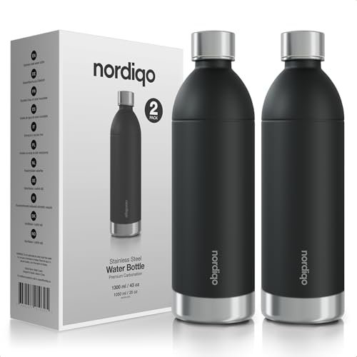 Nordiqo Bouteille Premium 1.3L / 1300 ml Acier Inoxydable – Compatible avec Aarke Carbonator 3 | Lavable au Lave-vaisselle | Sans Date d’Expiration | Étanche | Sans BPA (2 X Noir)