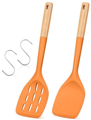 Pack of 2 Silicone Spatula, Non Stick Cooking Utensil Set, Wooden Handle Kitchen Turner for Baking Mixing Grilling Serving Food Heat Resistant (ORANGE)