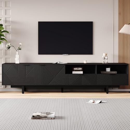 KOMHTOM Meuble TV Blanc/Noir avec 2 Portes et 2 tiroirs, Meuble de Rangement Meuble Bas avec étagères Ouvertes Meuble de Salon jusqu'à 90 » TV (Noir)