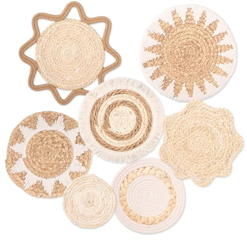 CODOHI Boho Wandkorb Deko – 7-teiliges Set handgefertigter, geflochtener Körbe aus Rattan und Seegras mit Aufhängeschlaufen – Boho Wandkunst für Wohnzimmer, Schlafzimmer und Flur