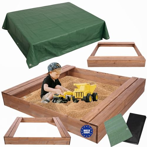 MODO24 Sandkasten mit Sitzbänken und Schutzplane, Holzsandkasten, Gartenspielzeug für Kinder, Sandkasten für Garten, Outdoor Sandkasten mit Bänken, Abmessungen 140x137 cm, Farbe: Braun (imprägniert)