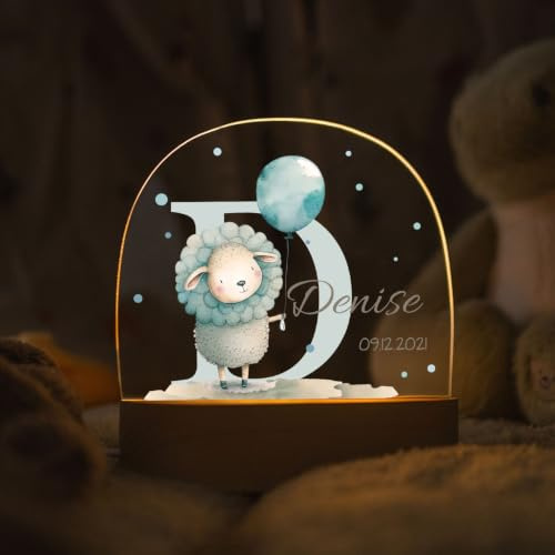 GRAVURZEILE Personalisiertes LED Nachtlicht für Kinder - Initial Tiere Schaf - Personalisiert mit Namen & Datum - Tischlampe für Baby - Geschenk zur Geburt, Taufe & Geburtstag für Jungen & Mädchen