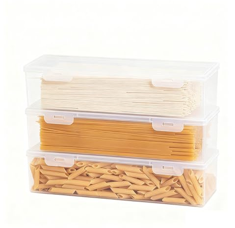 Punorric 3 Pcs Pasta Storage Containers, 1.5L Clear Rectangle Spaghetti Storage Jar with Lid, Stackable Airtight Spaghetti Jars for Kitchen, Plastic Food Organizer Canisters for Cereal Oatmeal