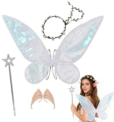 CLIUNT Feenflügel Kostüm, Schmetterlingsflügel mit Elfenöhren, Schmetterlingsflügel Feen Kostüm Damen, für Karneval Halloween Kostüms Geburtstag Cosplay Comic Con Themed Party