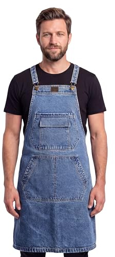 LEATHER VILLAGE Denim Chef Aprons for Men & Women with 3 Large Pockets | Adjustable Strap, Cross Back Design Apron for Cooking, Kitchen, Grilling, Gardening, BBQ, Barber, Server, Painting (M to XXL)