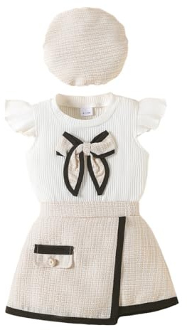 JENJON Abbigliamento Bambina Vestiti Set Maniche a Balze a Coste Top con Papillon + Elegante Minigonna a Quadri in Tweed + Basco 3 Pezzi Estivo Completo