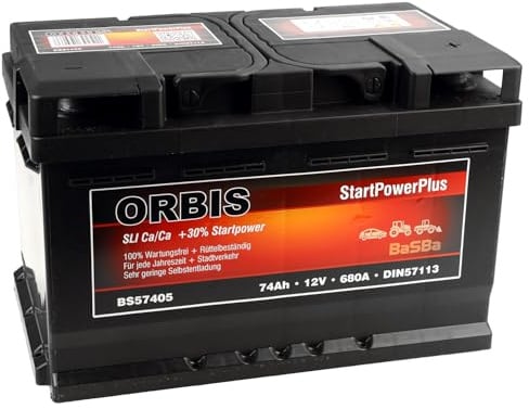 Starterbatterie 12 V 74 Ah – gefüllt & geladen, wartungsfrei, Startkraft 600 A Kaltstart, Orbis BS7405 kompakte PKW, SUV, Van Batterie für Alltag und Kurzstrecken | BaSBa 2956