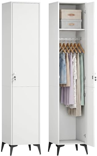 HOMCOM Kleiderschrank, schmal, mit Tür, Stange und Ablagen, Schloss mit zwei Schlüsseln, Kleiderschrank, für Schlafzimmer, 36 x 40 x 180 cm, Weiß