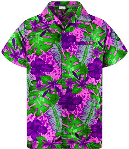 King Kameha Funky Hawaii-Hemd, Herren, Kurzarm, Green-Leaves-Purple-Flower, Pink, XXL