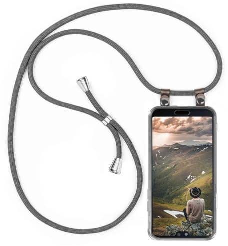 moex Handykette für Huawei P20 Hülle mit Band abnehmbar, Handyhülle mit Kette zum Umhängen, Handyband Kordel Umhängehülle, Necklace Handy Umhängeband, Grau