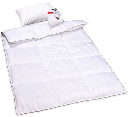 ZPECC Toddler Down Alternative Comforter, 39x47 Hypoallergenic Baby Blanket Quilt, Soft Breathable Lightweight All Season Kids Duvet Insert for Crib Stroller Cot Daycare, White Stripe
